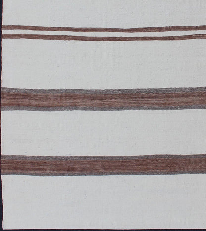 Square size Turkish Vintage Kilim Flat - Weave Rug in Brown and off white with Stripe Design. Keivan Woven Arts / rug EN - 179669, country of origin / type: Turkey / Kilim, circa 1950 Measures: 4'2 x 4'7 This vintage striped design Turkish K... - Keivan Woven ArtsEN - 179669 - 11843Rug