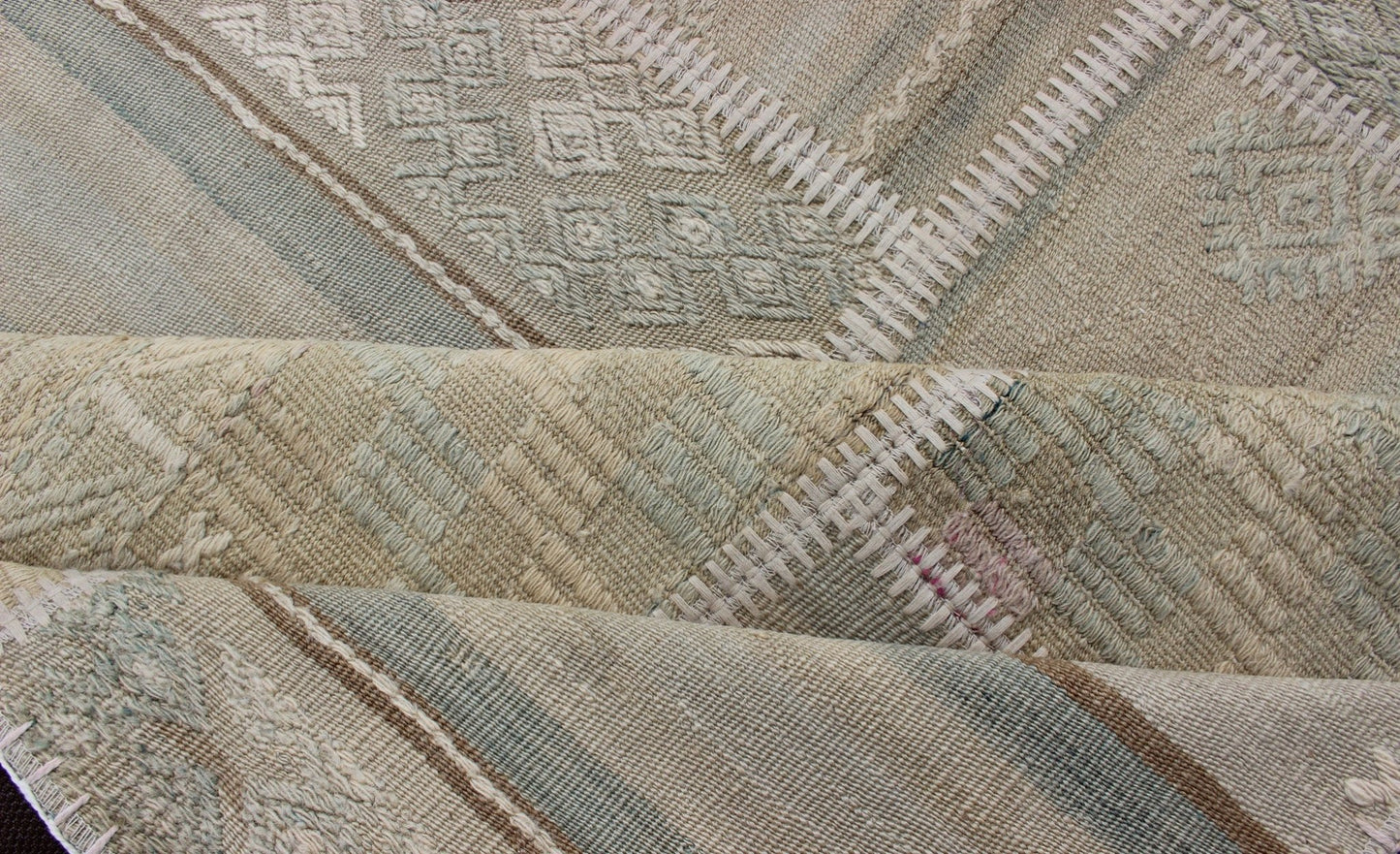 Large Turkish Kilim in Tan, Blue, Taupe, Light Green & Neutral Colors Large Turkish kilim from vintage pieces skillfully put together. this fine patchwork rug has light green, tan, taupe, blue, cream, brown and neutral tones. Keivan Woven Arts rug/... - Keivan Woven ArtsEN - 179675 - 12803Rug