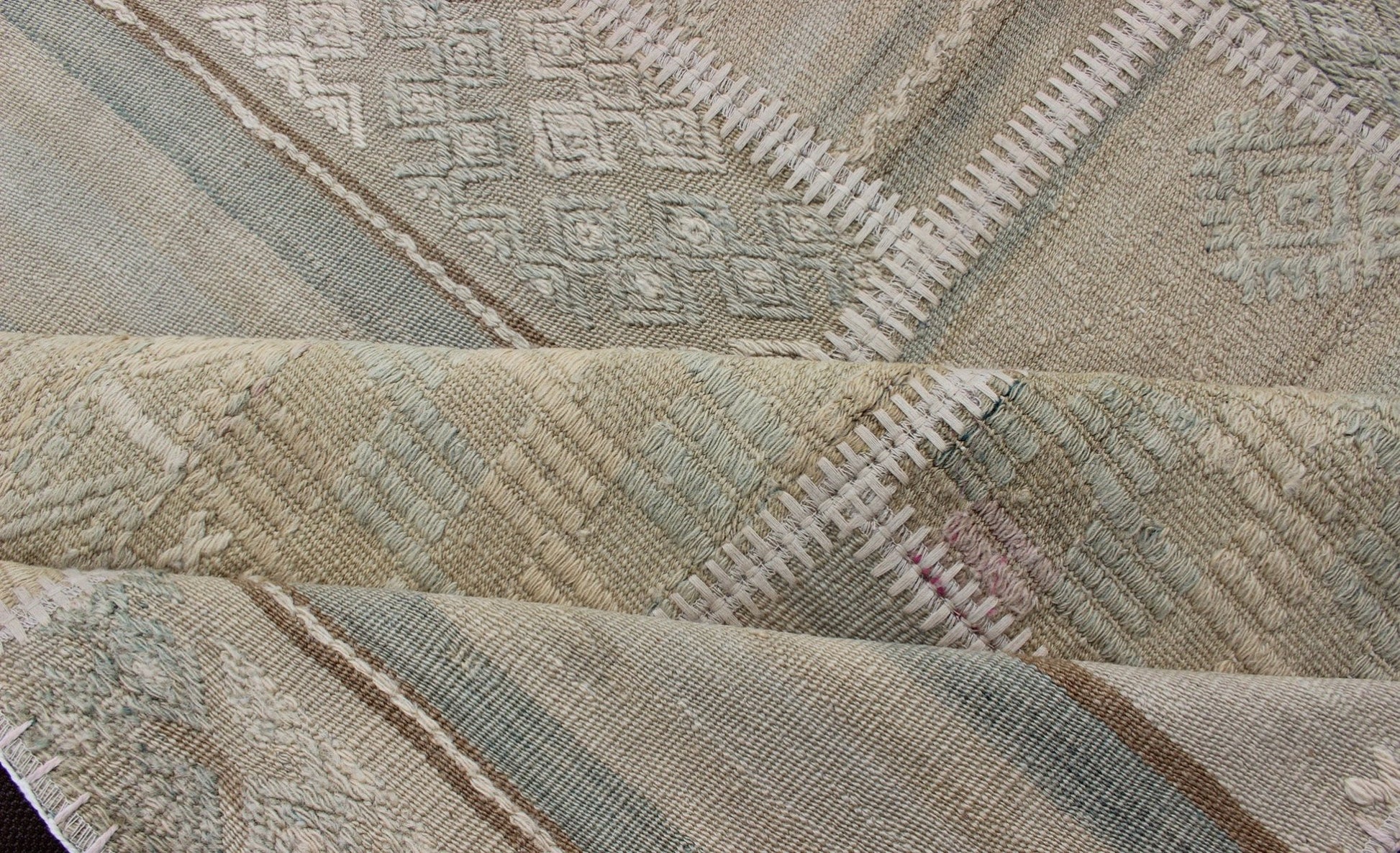 Large Turkish Kilim in Tan, Blue, Taupe, Light Green & Neutral Colors Large Turkish kilim from vintage pieces skillfully put together. this fine patchwork rug has light green, tan, taupe, blue, cream, brown and neutral tones. Keivan Woven Arts rug/... - Keivan Woven ArtsEN - 179675 - 12803Rug