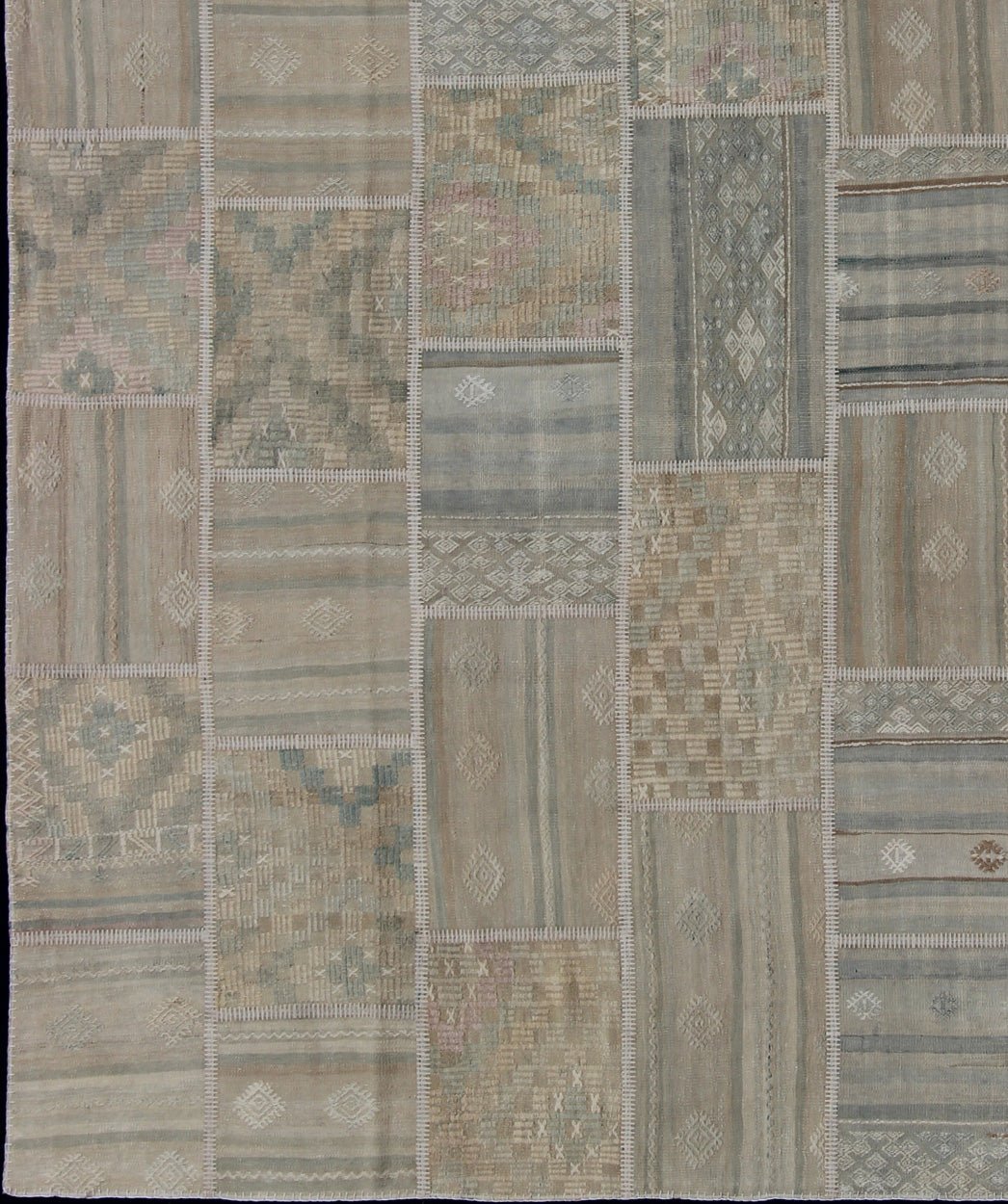 Large Turkish Kilim in Tan, Blue, Taupe, Light Green & Neutral Colors Large Turkish kilim from vintage pieces skillfully put together. this fine patchwork rug has light green, tan, taupe, blue, cream, brown and neutral tones. Keivan Woven Arts rug/... - Keivan Woven ArtsEN - 179675 - 12803Rug
