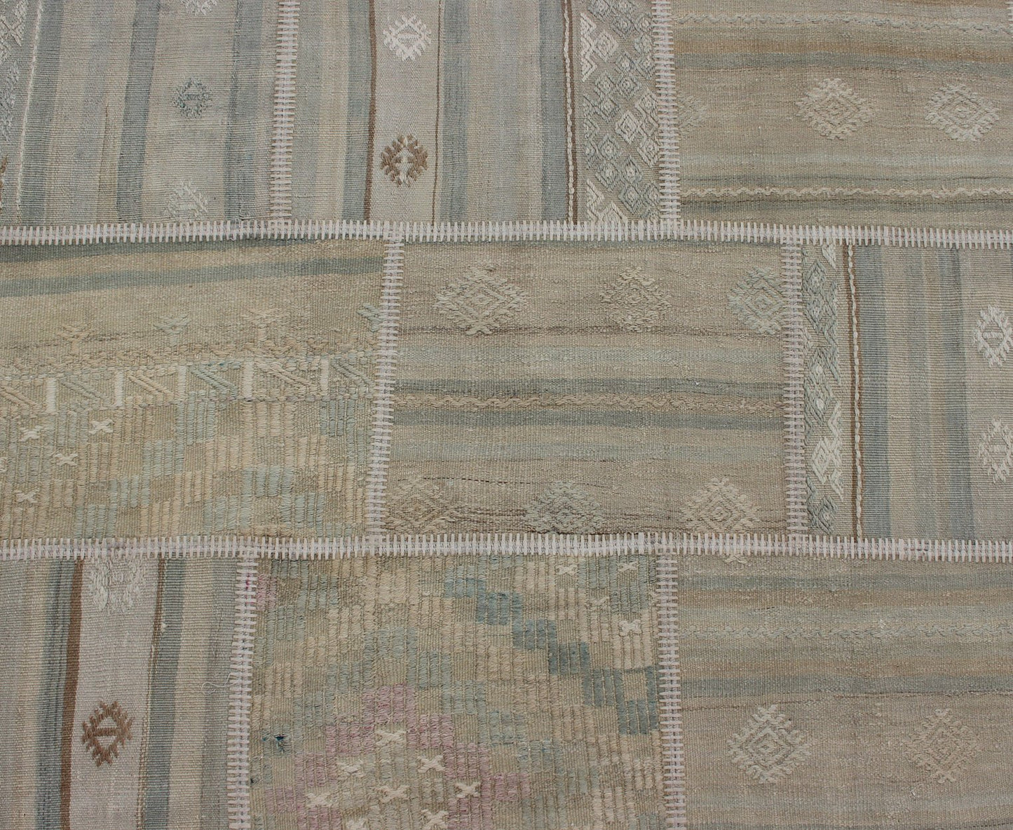 Large Turkish Kilim in Tan, Blue, Taupe, Light Green & Neutral Colors Large Turkish kilim from vintage pieces skillfully put together. this fine patchwork rug has light green, tan, taupe, blue, cream, brown and neutral tones. Keivan Woven Arts rug/... - Keivan Woven ArtsEN - 179675 - 12803Rug