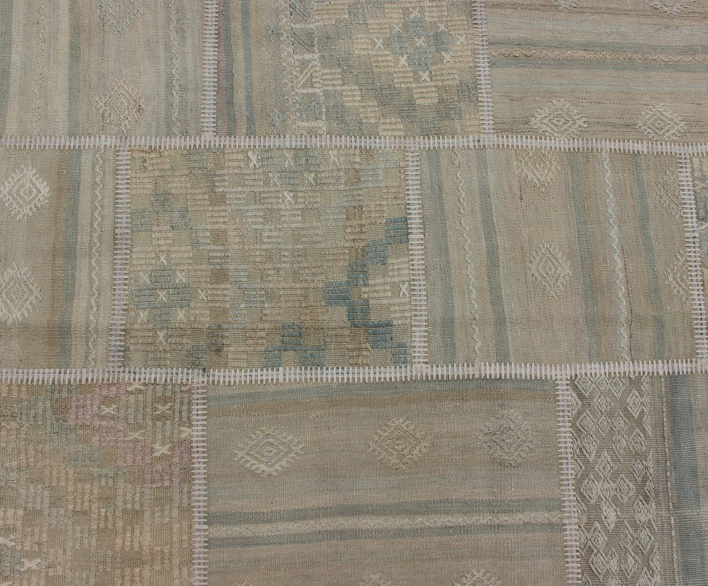 Large Turkish Kilim in Tan, Blue, Taupe, Light Green & Neutral Colors Large Turkish kilim from vintage pieces skillfully put together. this fine patchwork rug has light green, tan, taupe, blue, cream, brown and neutral tones. Keivan Woven Arts rug/... - Keivan Woven ArtsEN - 179675 - 12803Rug