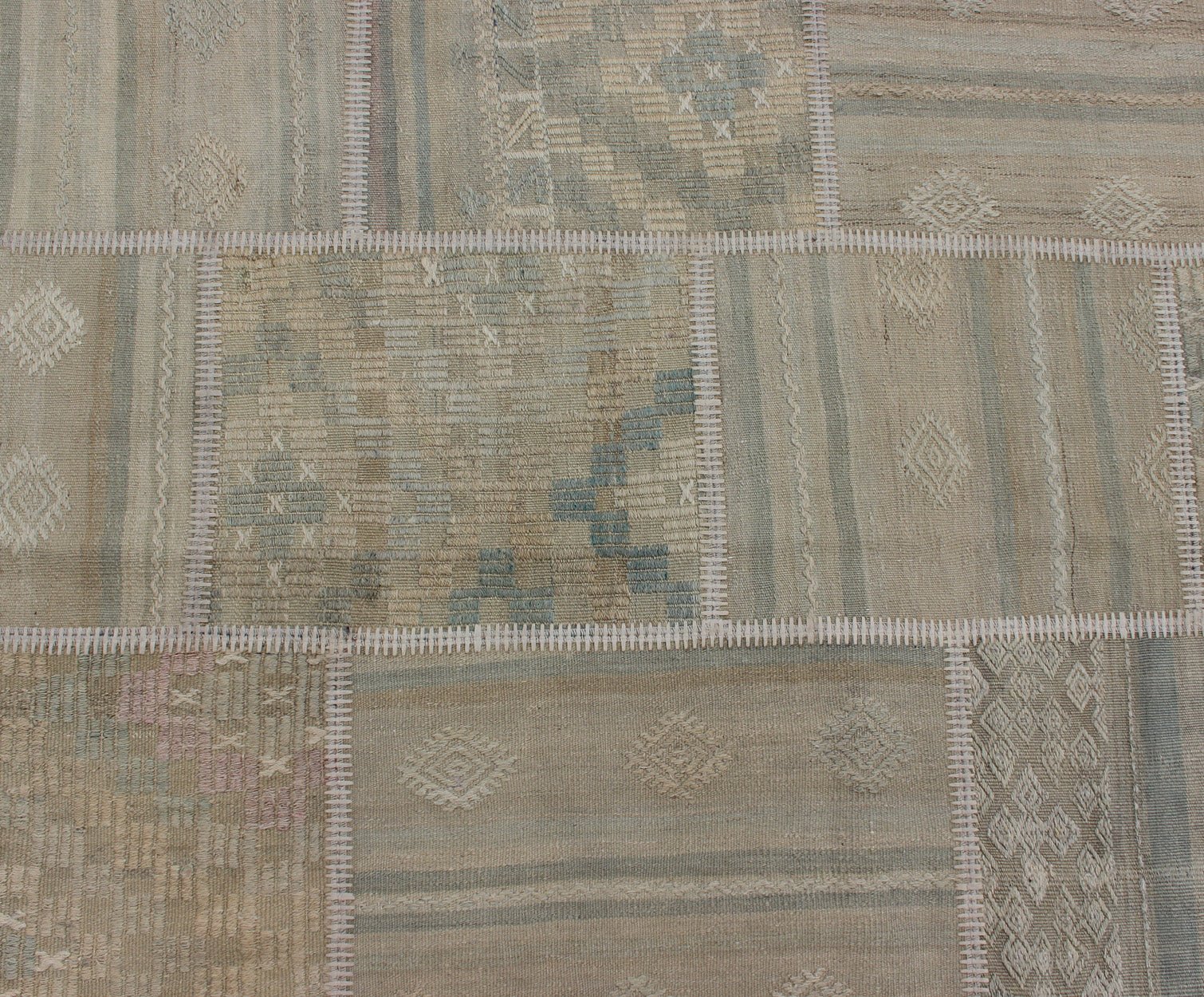 Large Turkish Kilim in Tan, Blue, Taupe, Light Green & Neutral Colors Large Turkish kilim from vintage pieces skillfully put together. this fine patchwork rug has light green, tan, taupe, blue, cream, brown and neutral tones. Keivan Woven Arts rug/... - Keivan Woven ArtsEN - 179675 - 12803Rug