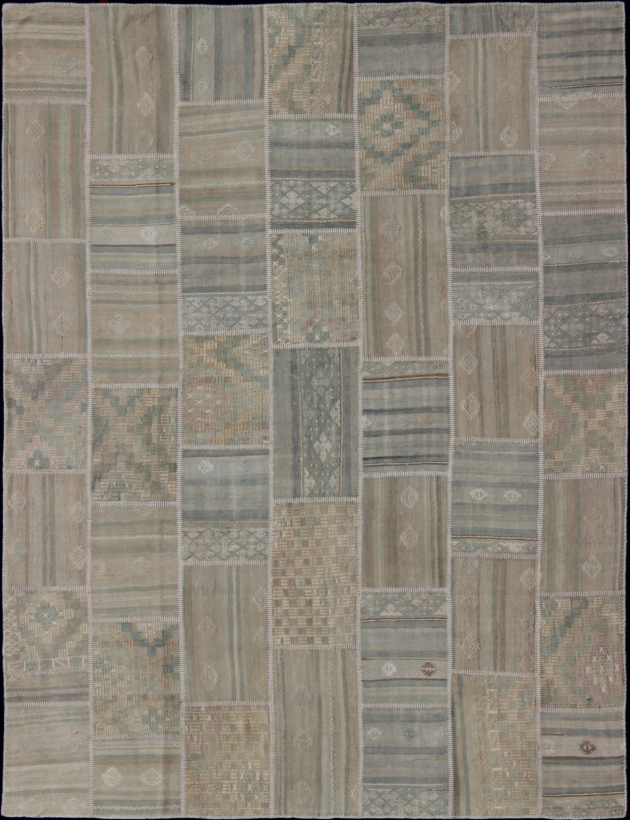 Large Turkish Kilim in Tan, Blue, Taupe, Light Green & Neutral Colors Large Turkish kilim from vintage pieces skillfully put together. this fine patchwork rug has light green, tan, taupe, blue, cream, brown and neutral tones. Keivan Woven Arts rug/... - Keivan Woven ArtsEN - 179675 - 12803Rug