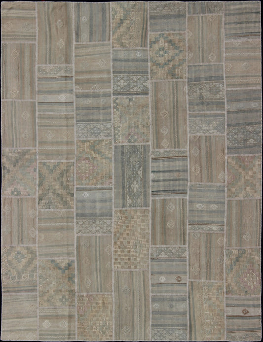 Large Turkish Kilim in Tan, Blue, Taupe, Light Green & Neutral Colors Large Turkish kilim from vintage pieces skillfully put together. this fine patchwork rug has light green, tan, taupe, blue, cream, brown and neutral tones. Keivan Woven Arts rug/... - Keivan Woven ArtsEN - 179675 - 12803Rug