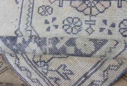Vintage Turkish Oushak Runner in Medium Blue, Lt. Blue & Tan Background. Oushak vintage rug from Turkey with medallion Geometric design, rug EN - 179680, country of origin / type: Turkey / Oushak, circa 1940. This vintage Turkish Oushak ru... - Keivan Woven ArtsEN - 179680 - 12521Rug