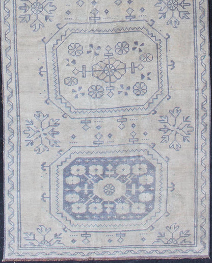 Vintage Turkish Oushak Runner in Medium Blue, Lt. Blue & Tan Background. Oushak vintage rug from Turkey with medallion Geometric design, rug EN - 179680, country of origin / type: Turkey / Oushak, circa 1940. This vintage Turkish Oushak ru... - Keivan Woven ArtsEN - 179680 - 12521Rug