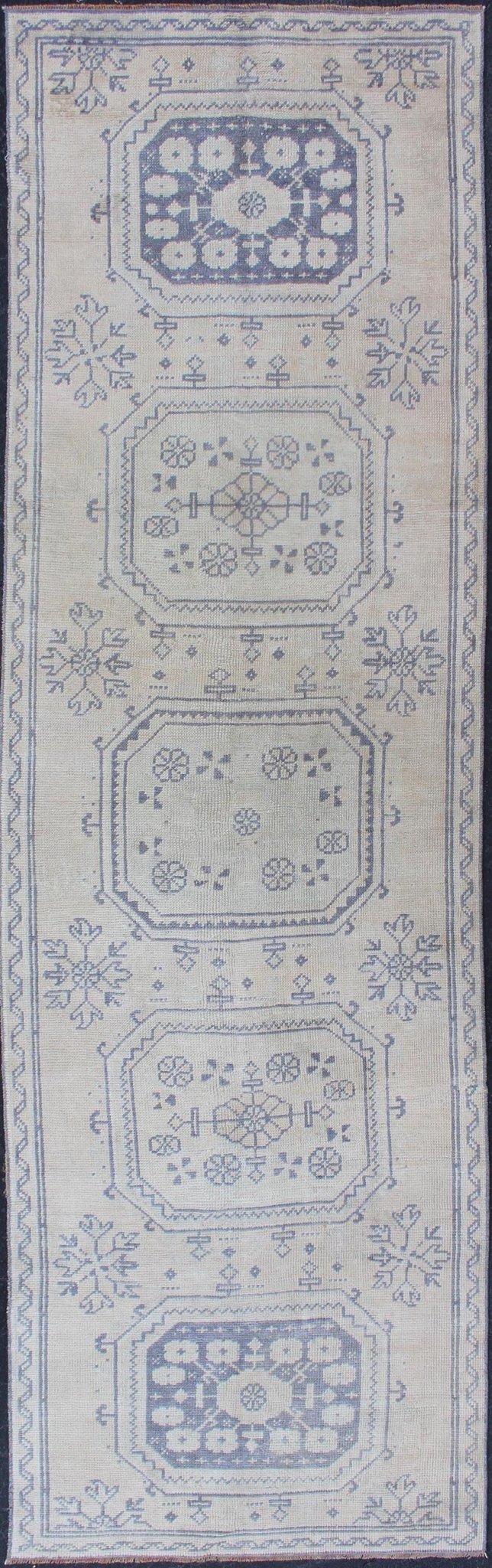 Vintage Turkish Oushak Runner in Medium Blue, Lt. Blue & Tan Background. Oushak vintage rug from Turkey with medallion Geometric design, rug EN - 179680, country of origin / type: Turkey / Oushak, circa 1940. This vintage Turkish Oushak ru... - Keivan Woven ArtsEN - 179680 - 12521Rug