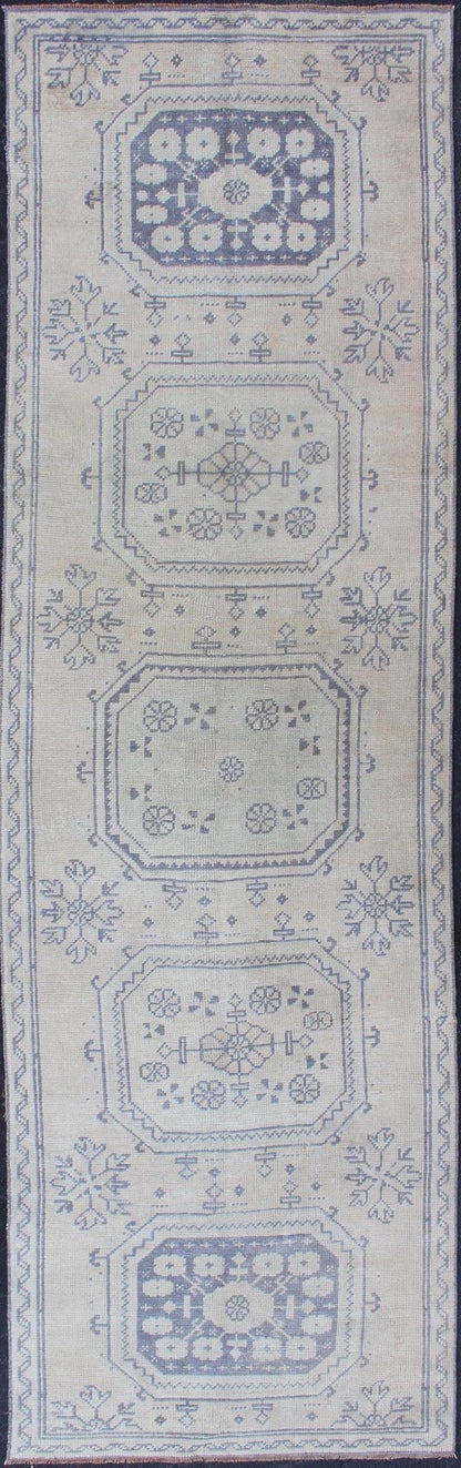 Vintage Turkish Oushak Runner in Medium Blue, Lt. Blue & Tan Background. Oushak vintage rug from Turkey with medallion Geometric design, rug EN - 179680, country of origin / type: Turkey / Oushak, circa 1940. This vintage Turkish Oushak ru... - Keivan Woven ArtsEN - 179680 - 12521Rug