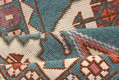 Teal Color Vintage Turkish Oushak Runner with Repeating Geometric Design. Colorful vintage Turkish oushak runner with repeating medallion geometric design in teal color background, rug EN - 179682, country of origin / type: Turkey / Oushak, circa 1940... - Keivan Woven ArtsEN - 179682 - 12367Rug