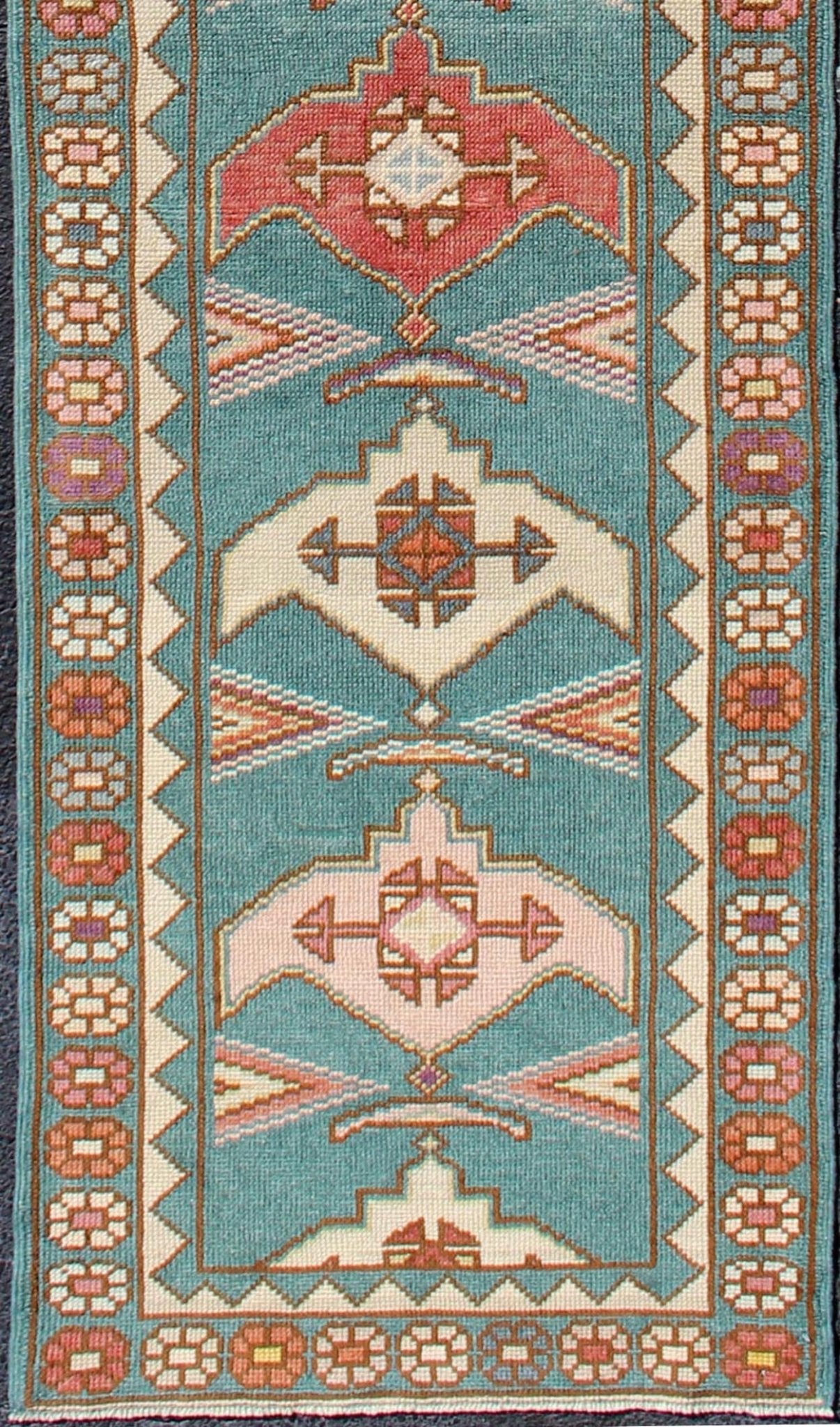 Teal Color Vintage Turkish Oushak Runner with Repeating Geometric Design. Colorful vintage Turkish oushak runner with repeating medallion geometric design in teal color background, rug EN - 179682, country of origin / type: Turkey / Oushak, circa 1940... - Keivan Woven ArtsEN - 179682 - 12367Rug