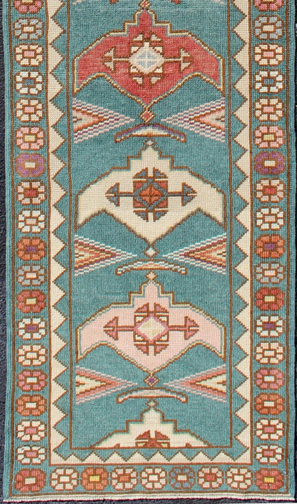 Teal Color Vintage Turkish Oushak Runner with Repeating Geometric Design. Colorful vintage Turkish oushak runner with repeating medallion geometric design in teal color background, rug EN - 179682, country of origin / type: Turkey / Oushak, circa 1940... - Keivan Woven ArtsEN - 179682 - 12367Rug