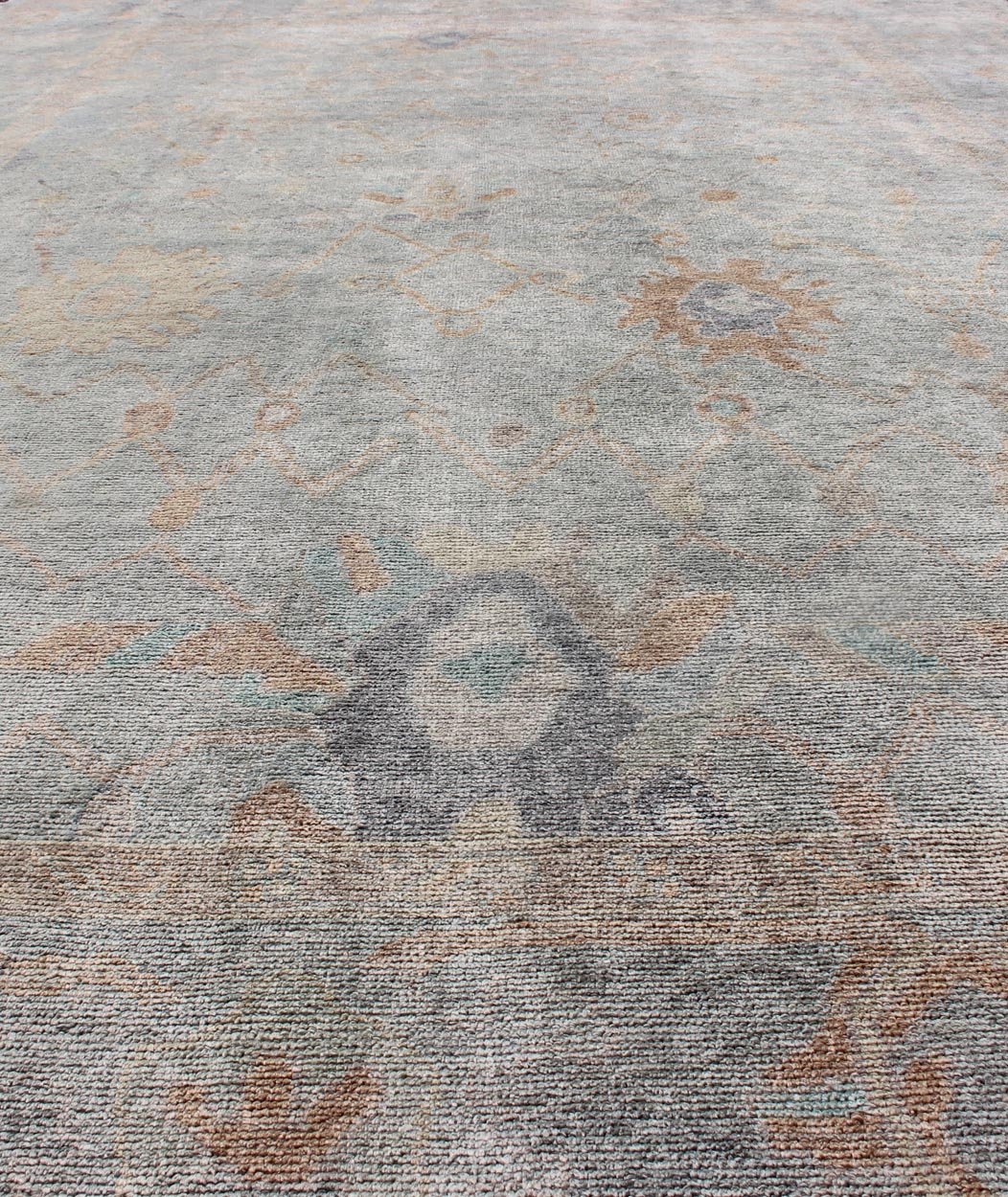 Modern Turkish Oushak large Rug in Seafoam Green, Light Blue & Multi Colors. Turkish Oushak contemporary rug with seafoam green, light blue, tan, orange neutral color palette and all - over flower design, rug EN - 179684, country of origin / type: ... - Keivan Woven ArtsEN - 179684 - 12229Rug