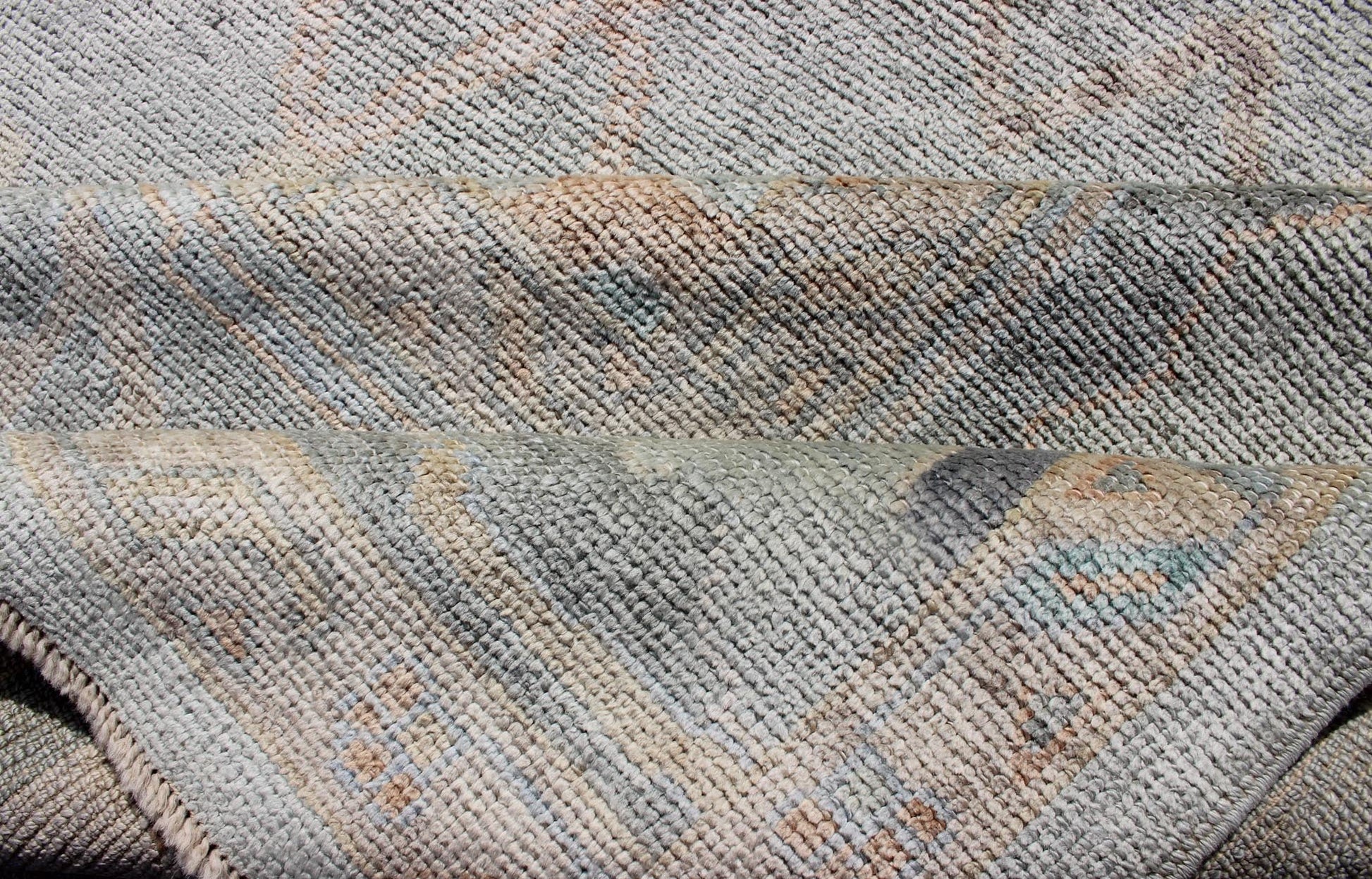 Modern Turkish Oushak large Rug in Seafoam Green, Light Blue & Multi Colors. Turkish Oushak contemporary rug with seafoam green, light blue, tan, orange neutral color palette and all - over flower design, rug EN - 179684, country of origin / type: ... - Keivan Woven ArtsEN - 179684 - 12229Rug
