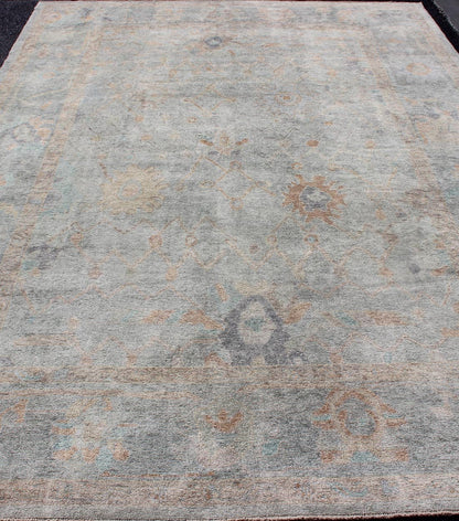 Modern Turkish Oushak large Rug in Seafoam Green, Light Blue & Multi Colors. Turkish Oushak contemporary rug with seafoam green, light blue, tan, orange neutral color palette and all - over flower design, rug EN - 179684, country of origin / type: ... - Keivan Woven ArtsEN - 179684 - 12229Rug