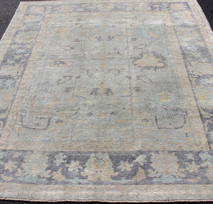 Turkish Oushak Rug With Fine Handspun Wool in All Over Design Turkish Oushak Rug with Neutral Color Palette and All - Over Flower Design Keivan Woven Arts - Fine Turkish Oushak rug with gray blue border and neutral color palette and all - over flower desi... - Keivan Woven ArtsEN - 179691 - 12423Rug