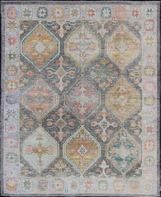 Tribal Design Turkish Oushak Rug with Large Medallions in Gray and Multi Colors. Turkish Oushak rug with bold design and color palette and all - over large diamond medallion design, rug EN - 179696, country of origin / type: Turkey / Oushak This ... - Keivan Woven ArtsEN - 179696 - 12022Rug