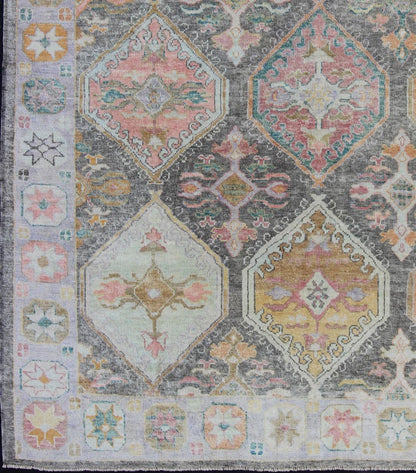 Tribal Design Turkish Oushak Rug with Large Medallions in Gray and Multi Colors. Turkish Oushak rug with bold design and color palette and all - over large diamond medallion design, rug EN - 179696, country of origin / type: Turkey / Oushak This ... - Keivan Woven ArtsEN - 179696 - 12022Rug