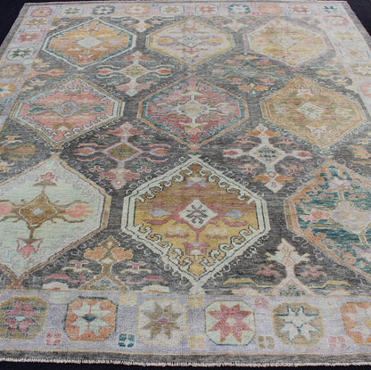 Tribal Design Turkish Oushak Rug with Large Medallions in Gray and Multi Colors. Turkish Oushak rug with bold design and color palette and all - over large diamond medallion design, rug EN - 179696, country of origin / type: Turkey / Oushak This ... - Keivan Woven ArtsEN - 179696 - 12022Rug