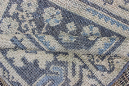 Vintage Turkish Oushak Runner in Faded Blue in Neutral Background Oushak vintage rug from Turkey with medallion design, rug EN - 179700, country of origin / type: Turkey / Oushak, circa 1940. This vintage Turkish Oushak rug features a multi... - Keivan Woven ArtsEN - 179700 - 12553Rug