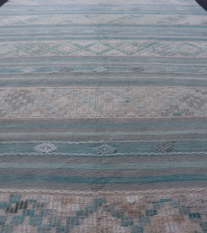Turkish Flat - Weave Kilim in Soft Colors with Stripes and Embroideries Turkish Striped Kilim vintage carpet in light taupe, green, light blue, gray, tan, and cream. Keivan Woven Arts / rug EN - 179749, country of origin / type: Turkey / Kilim, circ... - Keivan Woven ArtsEN - 179749 - 17634Rug
