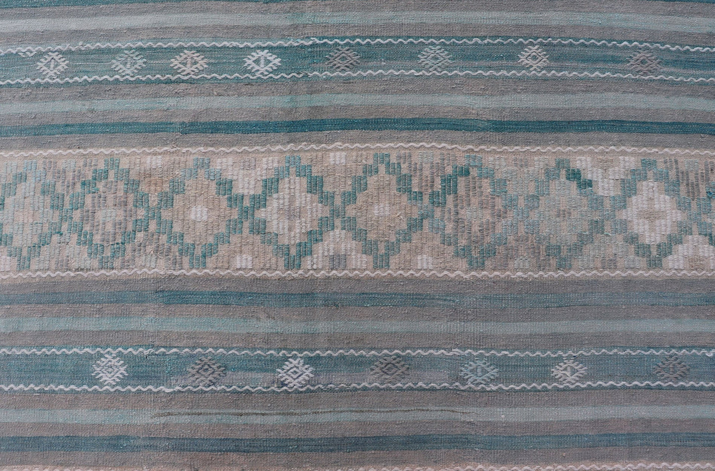 Turkish Flat - Weave Kilim in Soft Colors with Stripes and Embroideries Turkish Striped Kilim vintage carpet in light taupe, green, light blue, gray, tan, and cream. Keivan Woven Arts / rug EN - 179749, country of origin / type: Turkey / Kilim, circ... - Keivan Woven ArtsEN - 179749 - 17634Rug