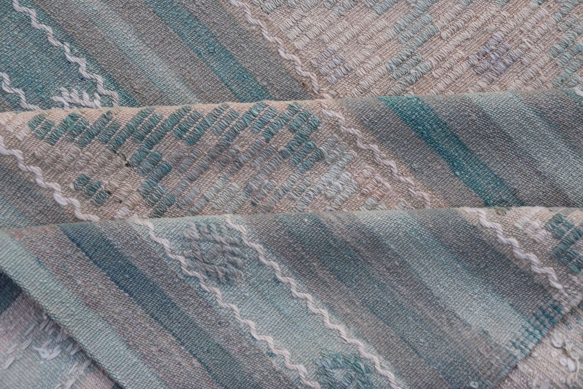 Turkish Flat - Weave Kilim in Soft Colors with Stripes and Embroideries Turkish Striped Kilim vintage carpet in light taupe, green, light blue, gray, tan, and cream. Keivan Woven Arts / rug EN - 179749, country of origin / type: Turkey / Kilim, circ... - Keivan Woven ArtsEN - 179749 - 17634Rug