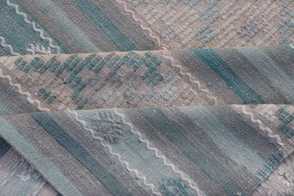 Turkish Flat - Weave Kilim in Soft Colors with Stripes and Embroideries Turkish Striped Kilim vintage carpet in light taupe, green, light blue, gray, tan, and cream. Keivan Woven Arts / rug EN - 179749, country of origin / type: Turkey / Kilim, circ... - Keivan Woven ArtsEN - 179749 - 17634Rug