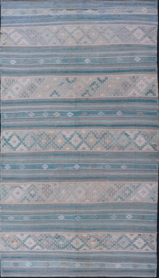 Turkish Flat - Weave Kilim in Soft Colors with Stripes and Embroideries Turkish Striped Kilim vintage carpet in light taupe, green, light blue, gray, tan, and cream. Keivan Woven Arts / rug EN - 179749, country of origin / type: Turkey / Kilim, circ... - Keivan Woven ArtsEN - 179749 - 17634Rug