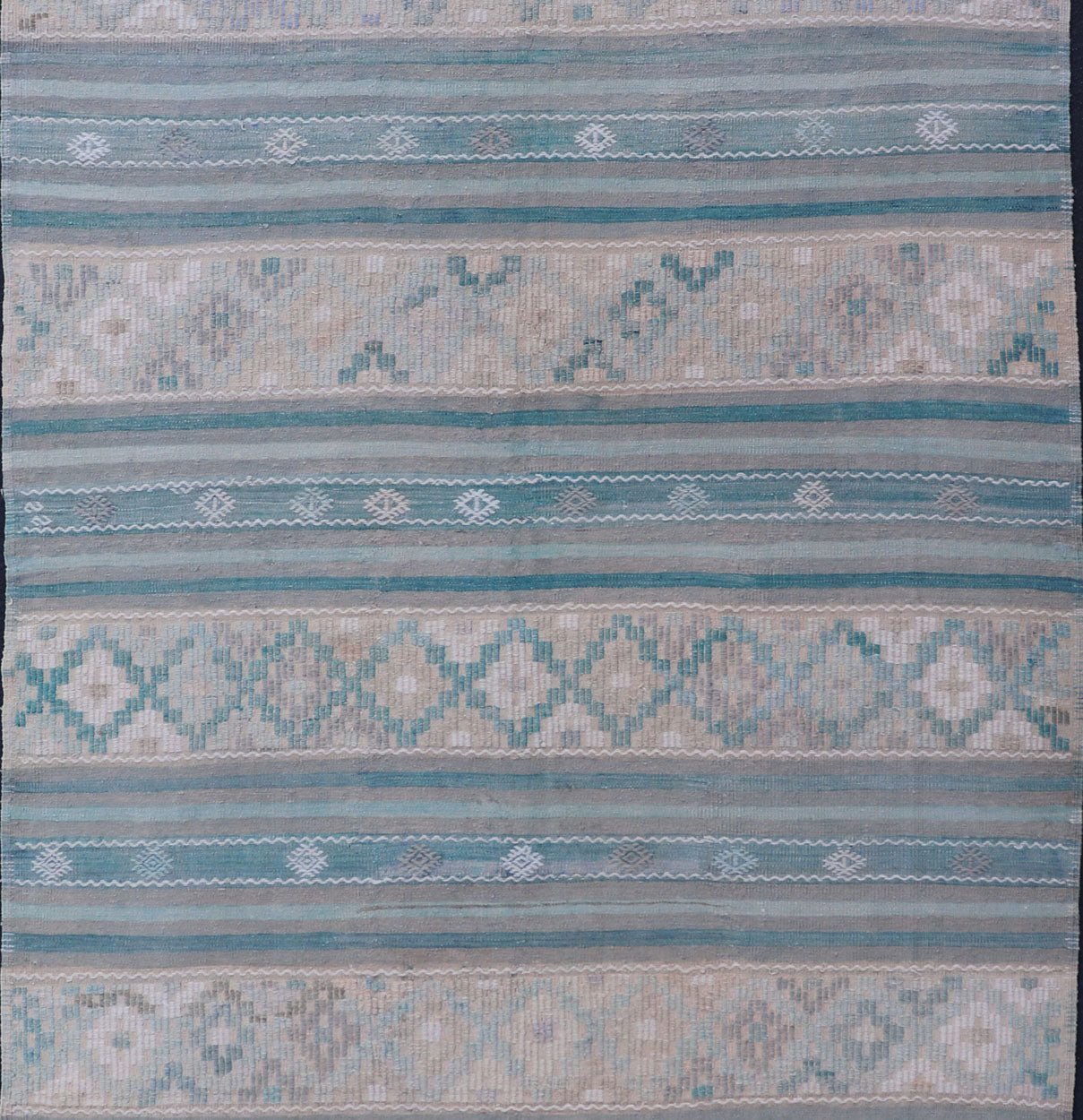 Turkish Flat - Weave Kilim in Soft Colors with Stripes and Embroideries Turkish Striped Kilim vintage carpet in light taupe, green, light blue, gray, tan, and cream. Keivan Woven Arts / rug EN - 179749, country of origin / type: Turkey / Kilim, circ... - Keivan Woven ArtsEN - 179749 - 17634Rug