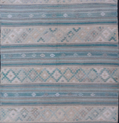 Turkish Flat - Weave Kilim in Soft Colors with Stripes and Embroideries Turkish Striped Kilim vintage carpet in light taupe, green, light blue, gray, tan, and cream. Keivan Woven Arts / rug EN - 179749, country of origin / type: Turkey / Kilim, circ... - Keivan Woven ArtsEN - 179749 - 17634Rug