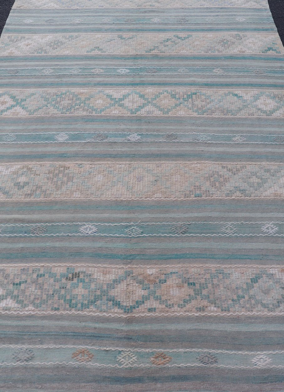Turkish Flat - Weave Kilim in Soft Colors with Stripes and Embroideries Turkish Striped Kilim vintage carpet in light taupe, green, light blue, gray, tan, and cream. Keivan Woven Arts / rug EN - 179749, country of origin / type: Turkey / Kilim, circ... - Keivan Woven ArtsEN - 179749 - 17634Rug