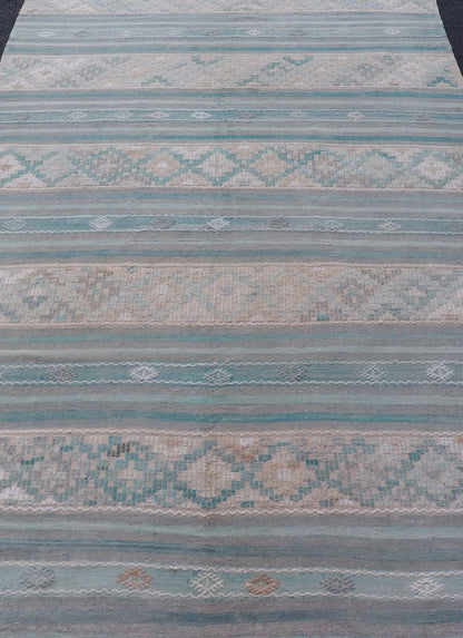 Turkish Flat - Weave Kilim in Soft Colors with Stripes and Embroideries Turkish Striped Kilim vintage carpet in light taupe, green, light blue, gray, tan, and cream. Keivan Woven Arts / rug EN - 179749, country of origin / type: Turkey / Kilim, circ... - Keivan Woven ArtsEN - 179749 - 17634Rug