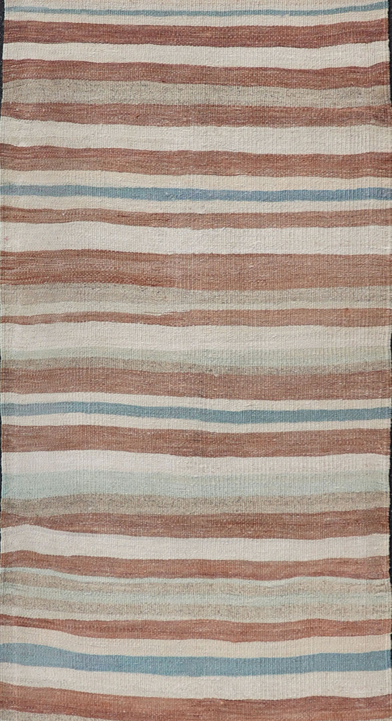 Striped Vintage Turkish Kilim Runner in Shades of Brown, Cream, and Blue. Keivan Woven Arts / rug EN - 179750, country of origin / type: Turkey / Kilim, circa 1950. This vintage flat - woven kilim runner features a minimalist design rendered in thin... - Keivan Woven ArtsEN - 179750 - 17640Rug