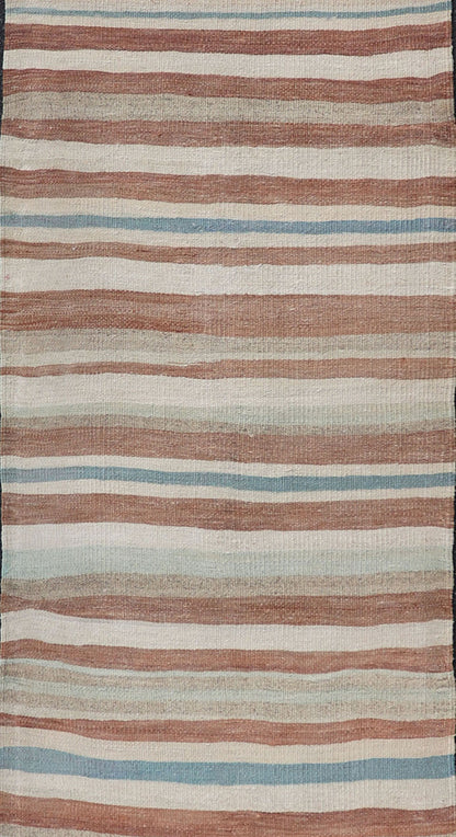 Striped Vintage Turkish Kilim Runner in Shades of Brown, Cream, and Blue. Keivan Woven Arts / rug EN - 179750, country of origin / type: Turkey / Kilim, circa 1950. This vintage flat - woven kilim runner features a minimalist design rendered in thin... - Keivan Woven ArtsEN - 179750 - 17640Rug