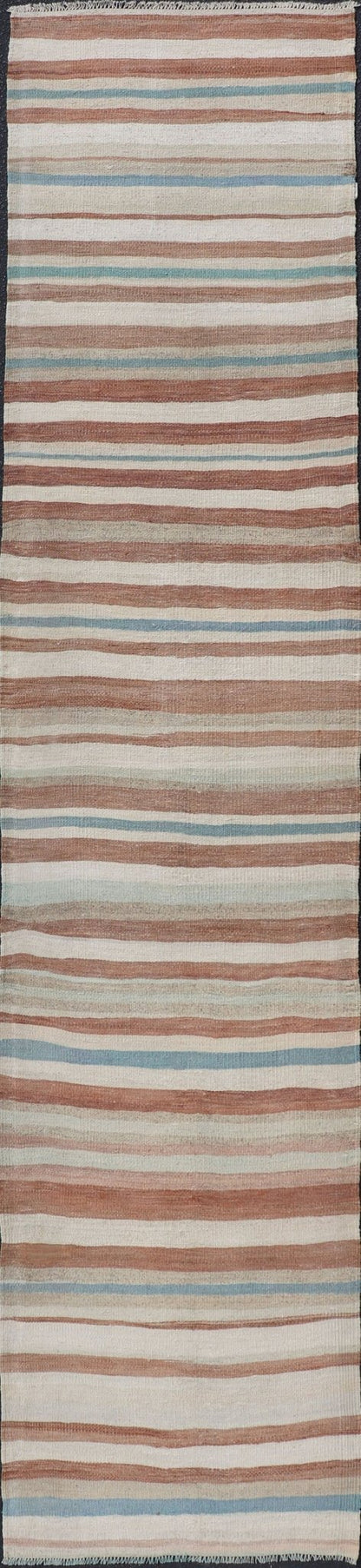 Striped Vintage Turkish Kilim Runner in Shades of Brown, Cream, and Blue. Keivan Woven Arts / rug EN - 179750, country of origin / type: Turkey / Kilim, circa 1950. This vintage flat - woven kilim runner features a minimalist design rendered in thin... - Keivan Woven ArtsEN - 179750 - 17640Rug