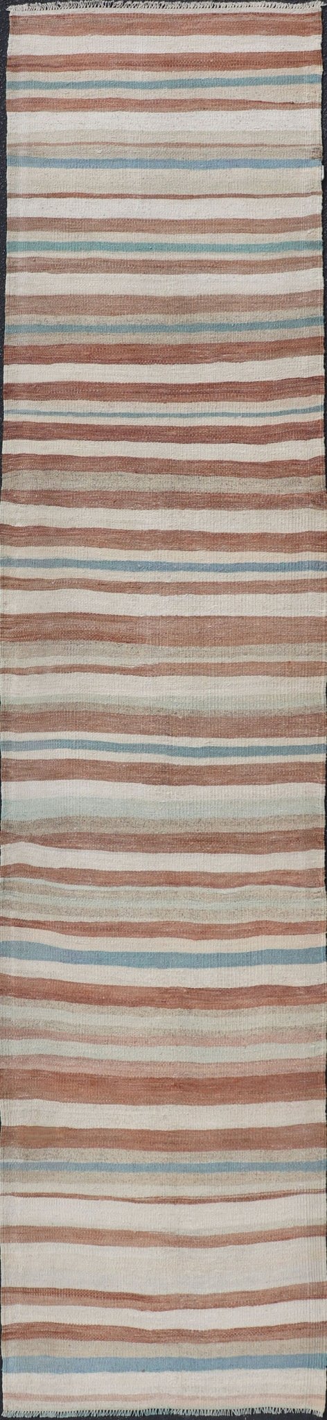 Striped Vintage Turkish Kilim Runner in Shades of Brown, Cream, and Blue. Keivan Woven Arts / rug EN - 179750, country of origin / type: Turkey / Kilim, circa 1950. This vintage flat - woven kilim runner features a minimalist design rendered in thin... - Keivan Woven ArtsEN - 179750 - 17640Rug