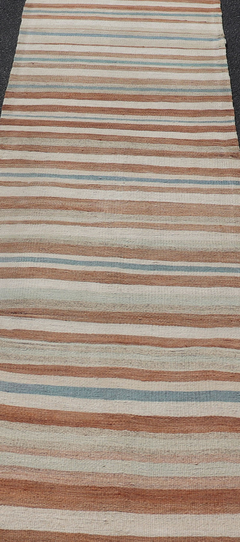 Striped Vintage Turkish Kilim Runner in Shades of Brown, Cream, and Blue. Keivan Woven Arts / rug EN - 179750, country of origin / type: Turkey / Kilim, circa 1950. This vintage flat - woven kilim runner features a minimalist design rendered in thin... - Keivan Woven ArtsEN - 179750 - 17640Rug