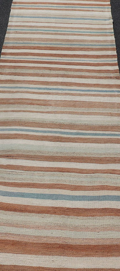Striped Vintage Turkish Kilim Runner in Shades of Brown, Cream, and Blue. Keivan Woven Arts / rug EN - 179750, country of origin / type: Turkey / Kilim, circa 1950. This vintage flat - woven kilim runner features a minimalist design rendered in thin... - Keivan Woven ArtsEN - 179750 - 17640Rug