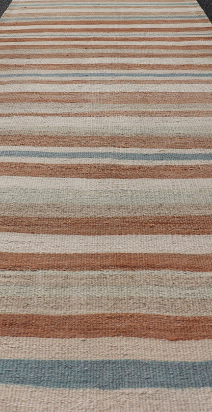 Striped Vintage Turkish Kilim Runner in Shades of Brown, Cream, and Blue. Keivan Woven Arts / rug EN - 179750, country of origin / type: Turkey / Kilim, circa 1950. This vintage flat - woven kilim runner features a minimalist design rendered in thin... - Keivan Woven ArtsEN - 179750 - 17640Rug