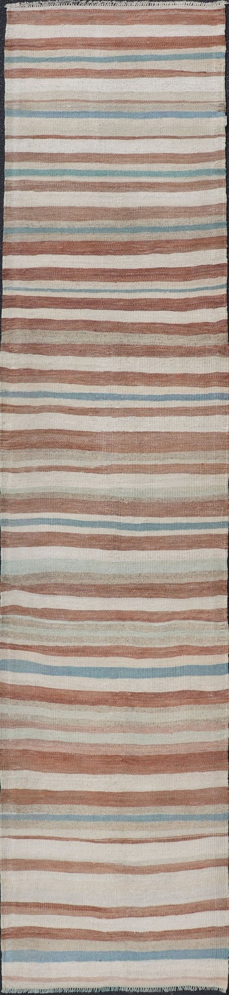 Striped Vintage Turkish Kilim Runner in Shades of Brown, Cream, and Blue. Keivan Woven Arts / rug EN - 179750, country of origin / type: Turkey / Kilim, circa 1950. This vintage flat - woven kilim runner features a minimalist design rendered in thin... - Keivan Woven ArtsEN - 179750 - 17640