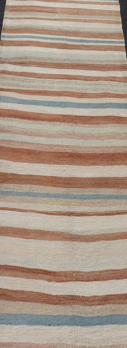 Striped Vintage Turkish Kilim Runner in Shades of Brown, Cream, and Blue. Keivan Woven Arts / rug EN - 179750, country of origin / type: Turkey / Kilim, circa 1950. This vintage flat - woven kilim runner features a minimalist design rendered in thin... - Keivan Woven ArtsEN - 179750 - 17640Rug