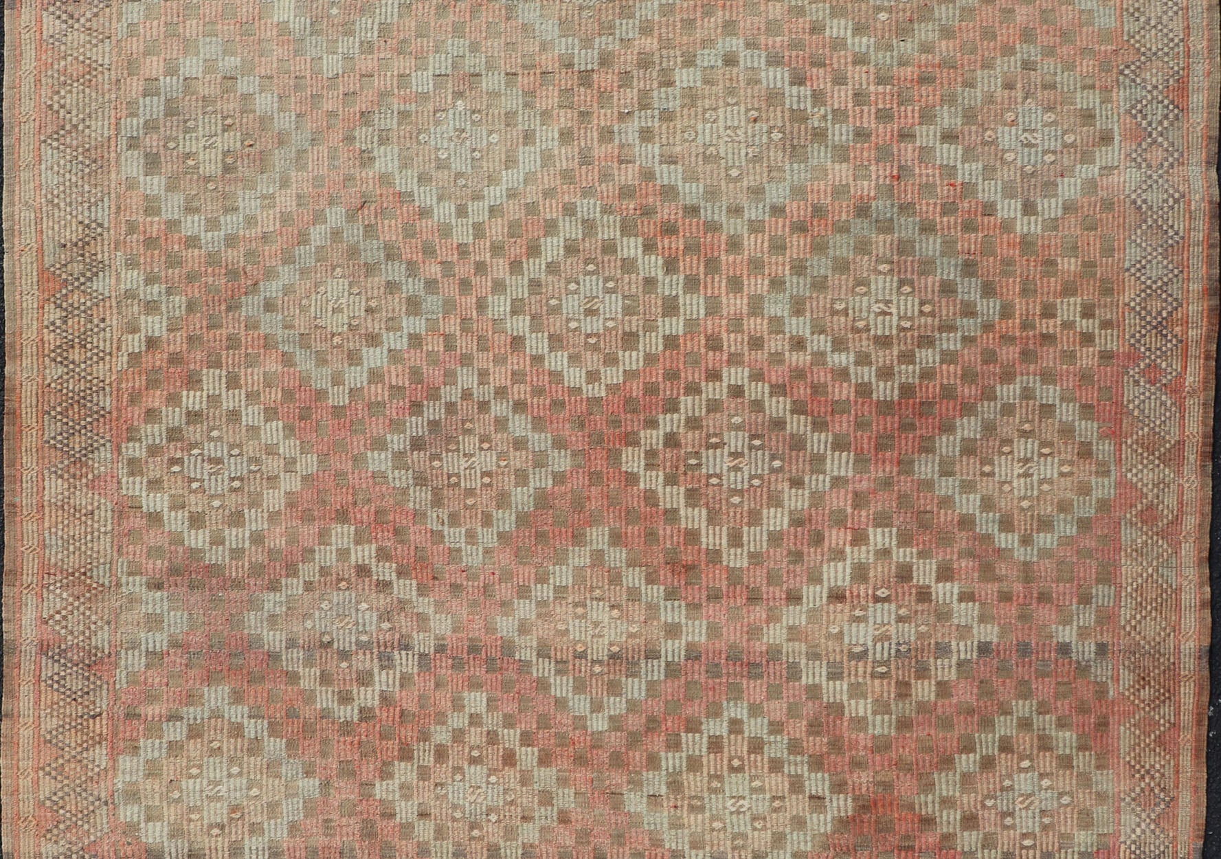 Measures: 5'11 x 7'6 Colorful Vintage Turkish Embroidered Flat - Weave in Diamond Design in Orange. Keivan Woven Arts / rug / EN - 179775 country of origin / type: Turkey / Kilim, circa 1950 Rendered in diamond shapes with a spotted and speckled ass... - Keivan Woven ArtsEN - 179775 - 22890Rug
