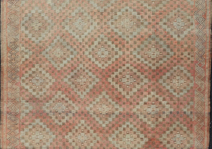 Measures: 5'11 x 7'6 Colorful Vintage Turkish Embroidered Flat - Weave in Diamond Design in Orange. Keivan Woven Arts / rug / EN - 179775 country of origin / type: Turkey / Kilim, circa 1950 Rendered in diamond shapes with a spotted and speckled ass... - Keivan Woven ArtsEN - 179775 - 22890Rug