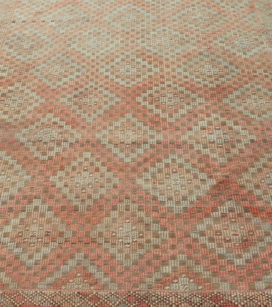 Measures: 5'11 x 7'6 Colorful Vintage Turkish Embroidered Flat - Weave in Diamond Design in Orange. Keivan Woven Arts / rug / EN - 179775 country of origin / type: Turkey / Kilim, circa 1950 Rendered in diamond shapes with a spotted and speckled ass... - Keivan Woven ArtsEN - 179775 - 22890Rug