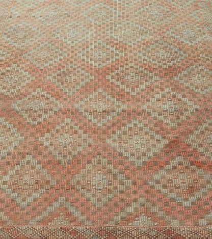 Measures: 5'11 x 7'6 Colorful Vintage Turkish Embroidered Flat - Weave in Diamond Design in Orange. Keivan Woven Arts / rug / EN - 179775 country of origin / type: Turkey / Kilim, circa 1950 Rendered in diamond shapes with a spotted and speckled ass... - Keivan Woven ArtsEN - 179775 - 22890Rug