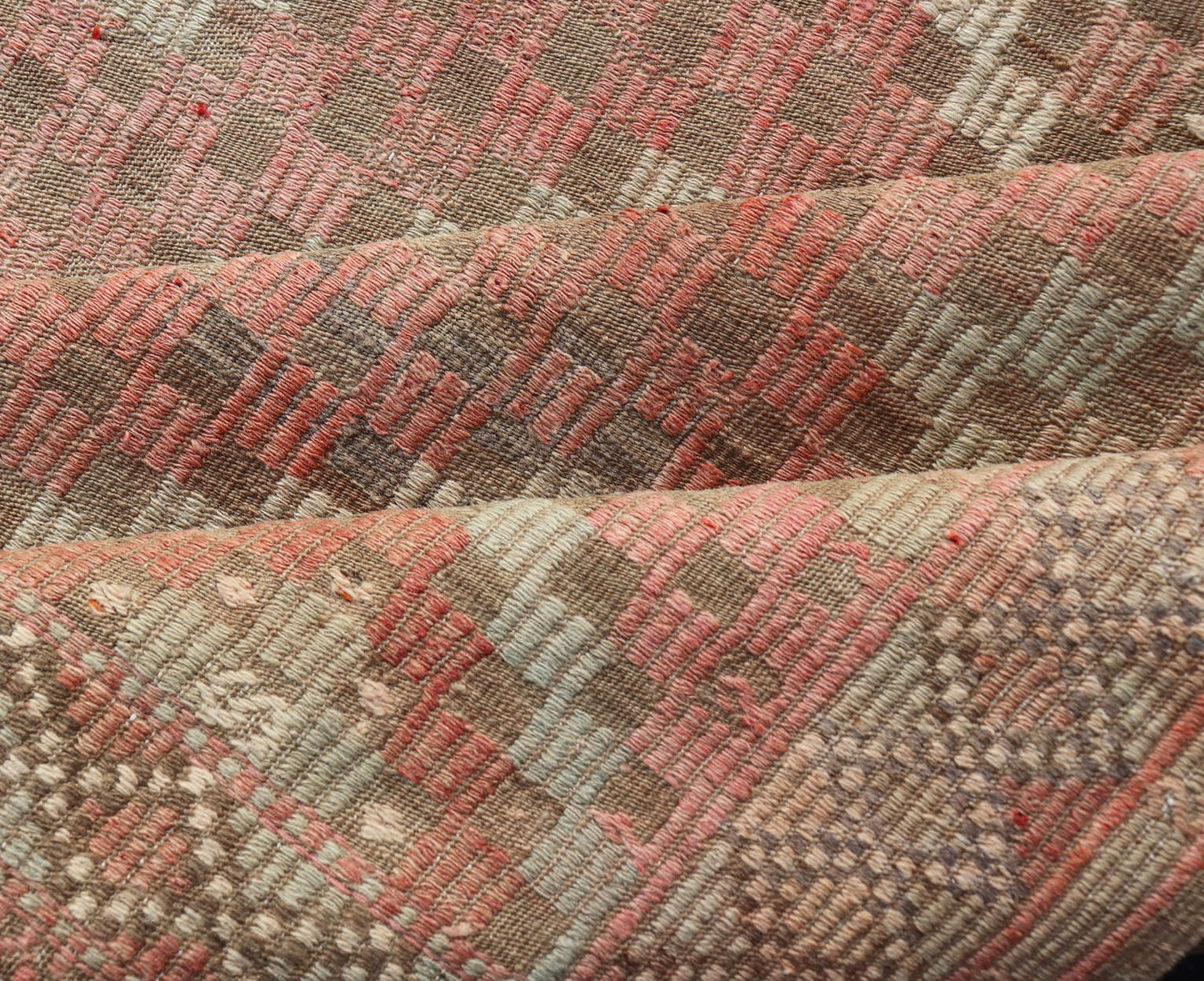 Measures: 5'11 x 7'6 Colorful Vintage Turkish Embroidered Flat - Weave in Diamond Design in Orange. Keivan Woven Arts / rug / EN - 179775 country of origin / type: Turkey / Kilim, circa 1950 Rendered in diamond shapes with a spotted and speckled ass... - Keivan Woven ArtsEN - 179775 - 22890Rug
