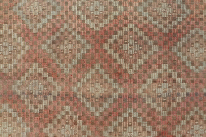 Measures: 5'11 x 7'6 Colorful Vintage Turkish Embroidered Flat - Weave in Diamond Design in Orange. Keivan Woven Arts / rug / EN - 179775 country of origin / type: Turkey / Kilim, circa 1950 Rendered in diamond shapes with a spotted and speckled ass... - Keivan Woven ArtsEN - 179775 - 22890Rug