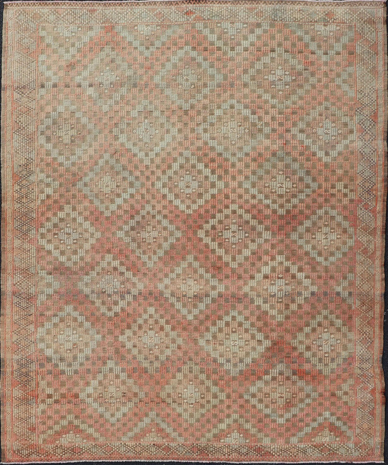 Measures: 5'11 x 7'6 Colorful Vintage Turkish Embroidered Flat - Weave in Diamond Design in Orange. Keivan Woven Arts / rug / EN - 179775 country of origin / type: Turkey / Kilim, circa 1950 Rendered in diamond shapes with a spotted and speckled ass... - Keivan Woven ArtsEN - 179775 - 22890Rug