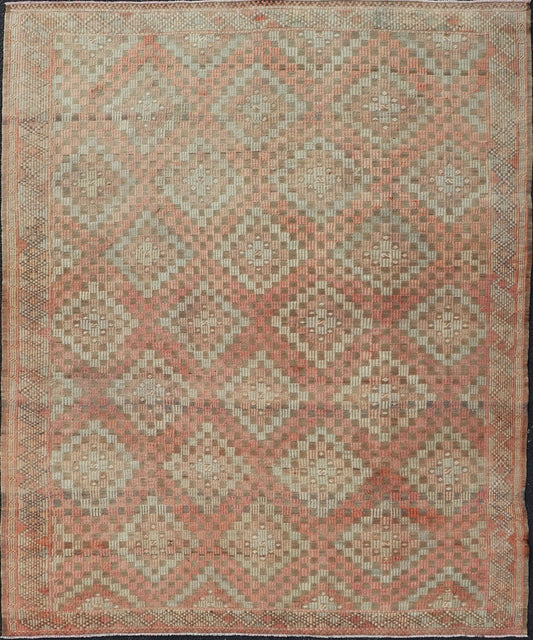 Measures: 5'11 x 7'6 Colorful Vintage Turkish Embroidered Flat - Weave in Diamond Design in Orange. Keivan Woven Arts / rug / EN - 179775 country of origin / type: Turkey / Kilim, circa 1950 Rendered in diamond shapes with a spotted and speckled ass... - Keivan Woven ArtsEN - 179775 - 22890